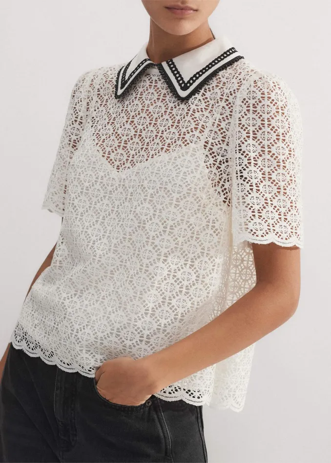 Women Evening Lace Short Sleeve Top Cami Creamblack MEEM