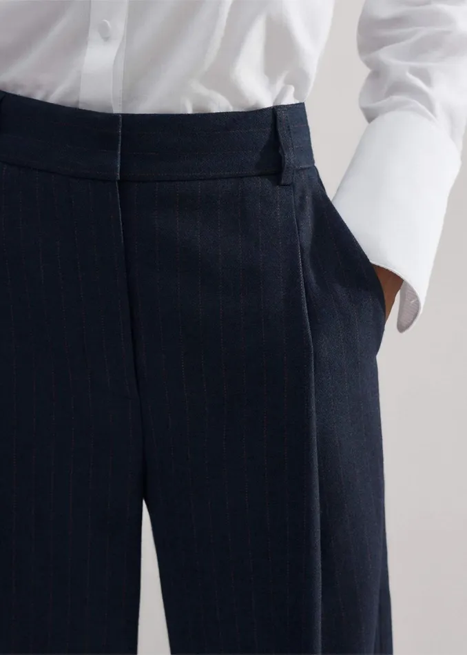 Women Flannel Pinstripe Pant Navybitter Orange MEEM