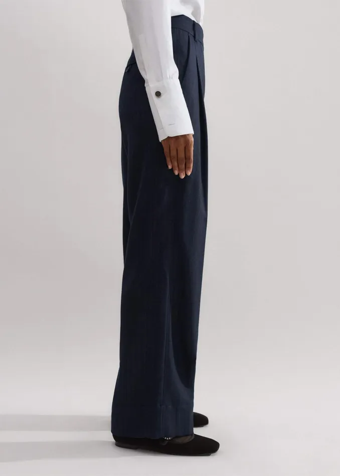Women Flannel Pinstripe Pant Navybitter Orange MEEM
