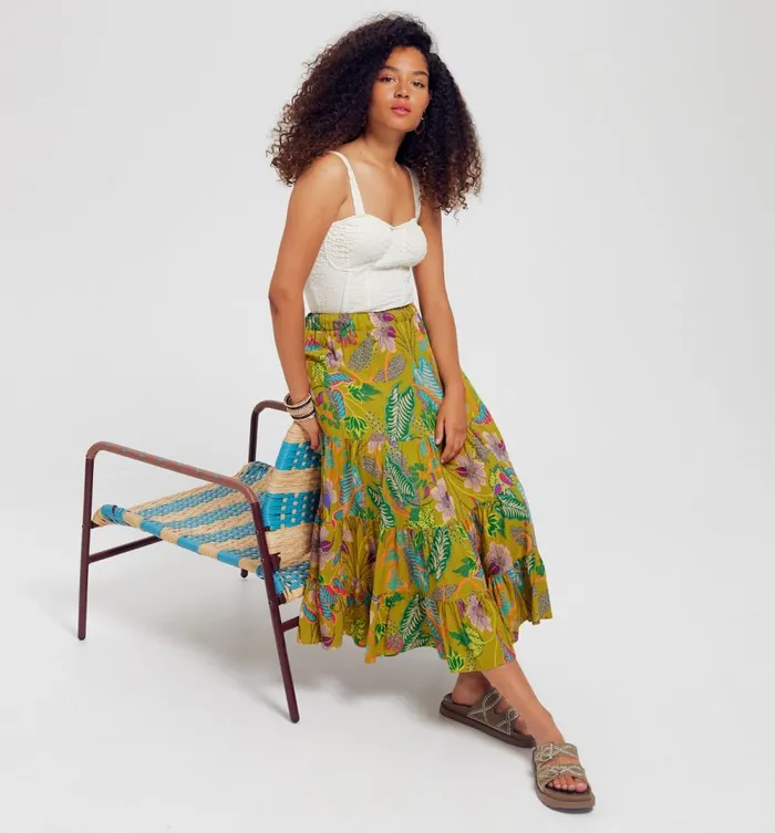 Women Flared Frilly Skirt 8211 Anise Green Prints Promod Skirts
