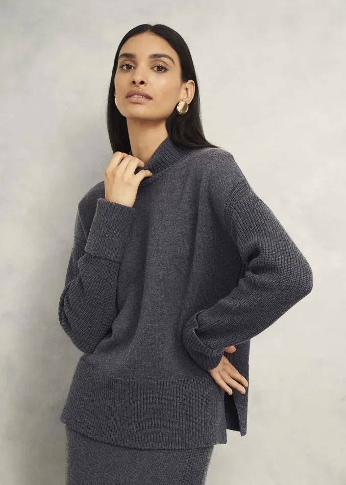 Women Gaskell CoOrd Wool Cotton Jumper Dark Grey Marl Hobbs Jumpers and Cardigans