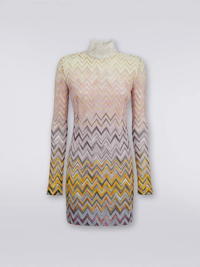 Women HighNeck Mini Dress In Zigzag Wool And Viscose Multicoloured Missoni Dresses