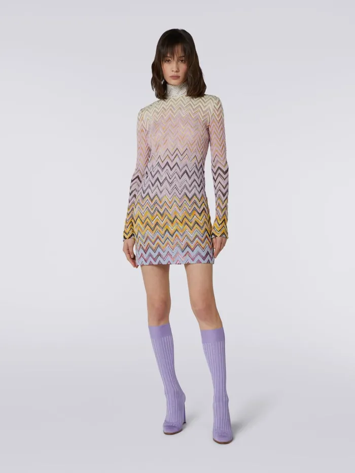 Women HighNeck Mini Dress In Zigzag Wool And Viscose Multicoloured Missoni Dresses Women HighNeck Mini Dress In Zigzag Wool And Viscose Multicoloured Missoni Dresses