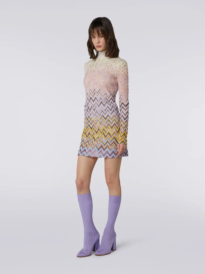 Women HighNeck Mini Dress In Zigzag Wool And Viscose Multicoloured Missoni Dresses Women HighNeck Mini Dress In Zigzag Wool And Viscose Multicoloured Missoni Dresses