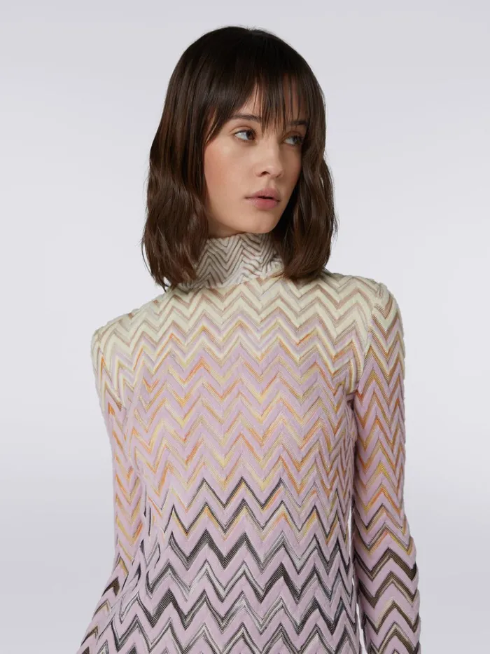 Women HighNeck Mini Dress In Zigzag Wool And Viscose Multicoloured Missoni Dresses Women HighNeck Mini Dress In Zigzag Wool And Viscose Multicoloured Missoni Dresses