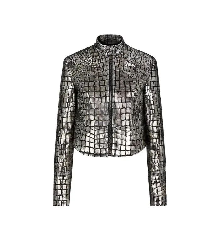 Women Jackets Tom Ford Metallic Printed Croc Leather Biker Jacket Silver
