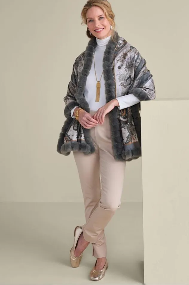 Women Katya Faux Fur Trim Wrap Scarf Gray Soft Surroundings Scarves and Wraps
