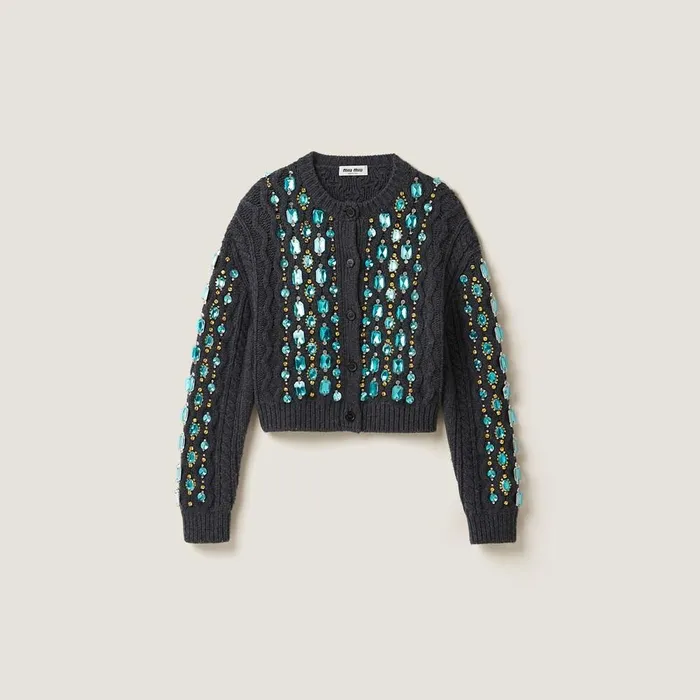 Women Knitwear Miu Miu Wool Knit Cardigan Anthracite Gray
