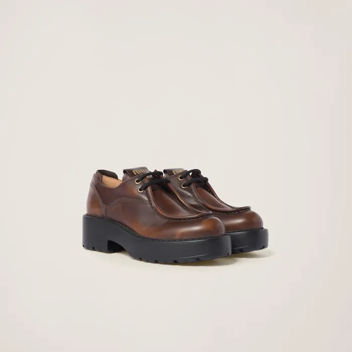 Women Loafers And LaceUps Miu Miu Laced Fum Leather Shoes Sienna