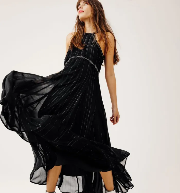 Women Long Beaded Dress 8211 Black Promod Dresses