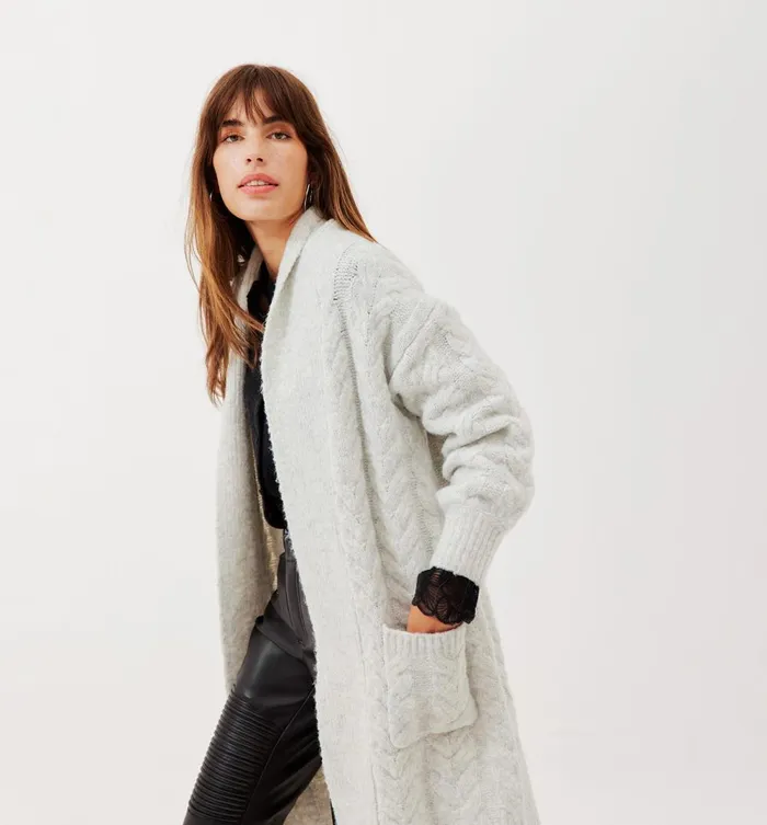 Women Long CableKnit Cardigan 8211 Light Grey Promod Jumpers And Cardigans