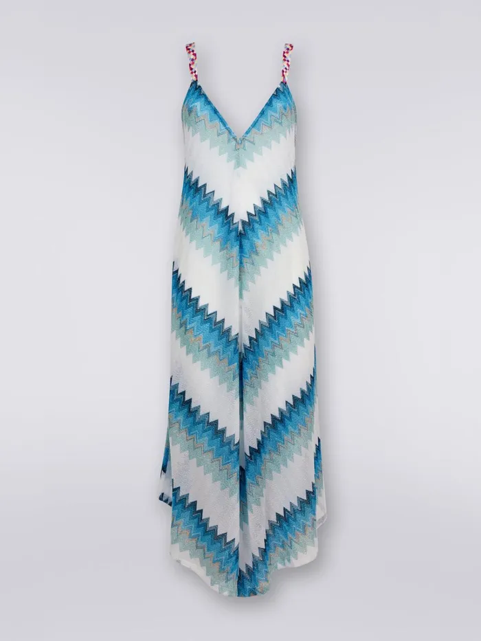 Women Long Cover Up With Braided Ribbon Straps White Blue and Sky Blue Missoni Beachwear Women Long Cover Up With Braided Ribbon Straps White Blue and Sky Blue Missoni Beachwear