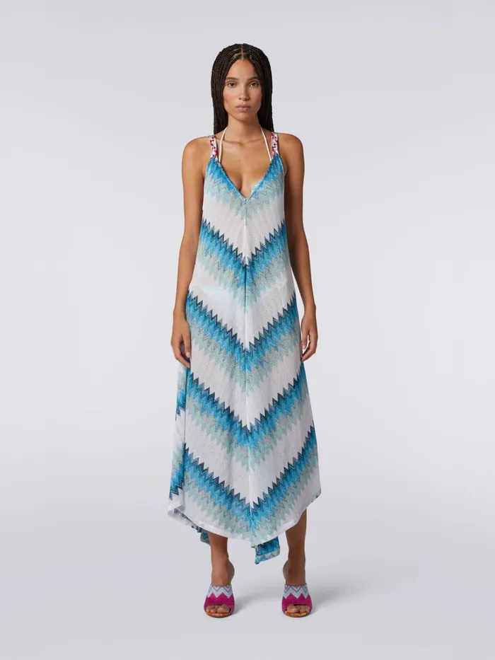 Women Long Cover Up With Braided Ribbon Straps White Blue and Sky Blue Missoni Beachwear