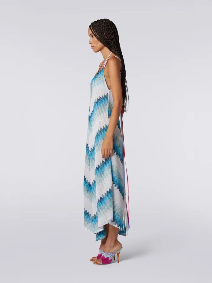 Women Long Cover Up With Braided Ribbon Straps White Blue and Sky Blue Missoni Beachwear