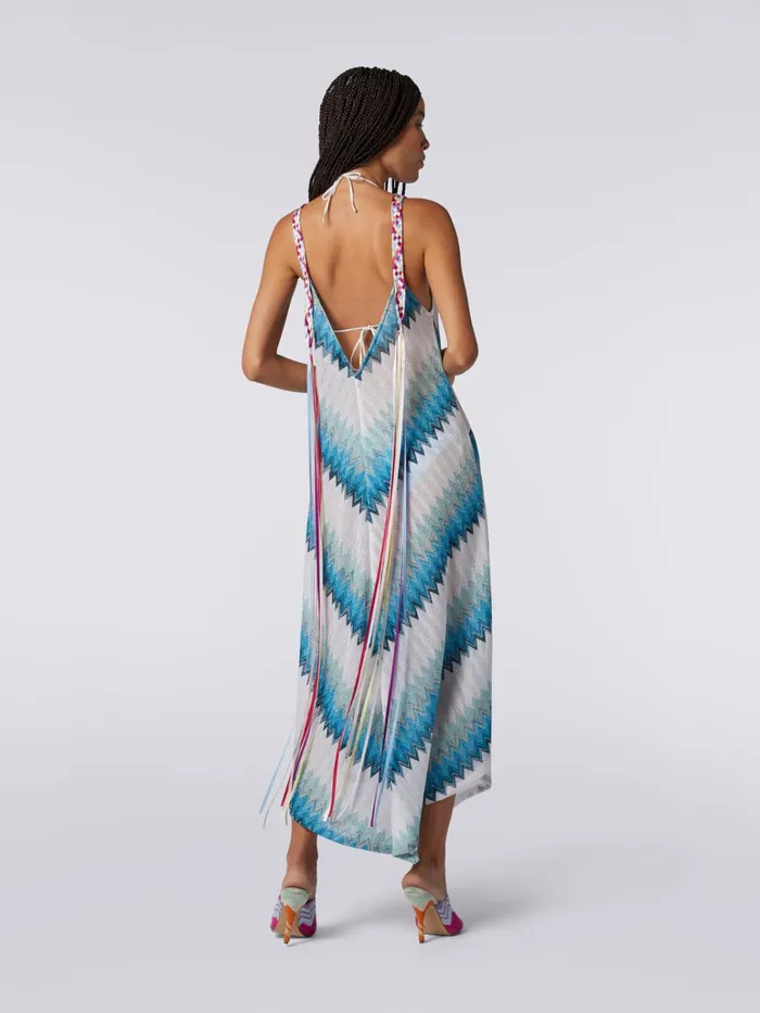 Women Long Cover Up With Braided Ribbon Straps White Blue and Sky Blue Missoni Beachwear