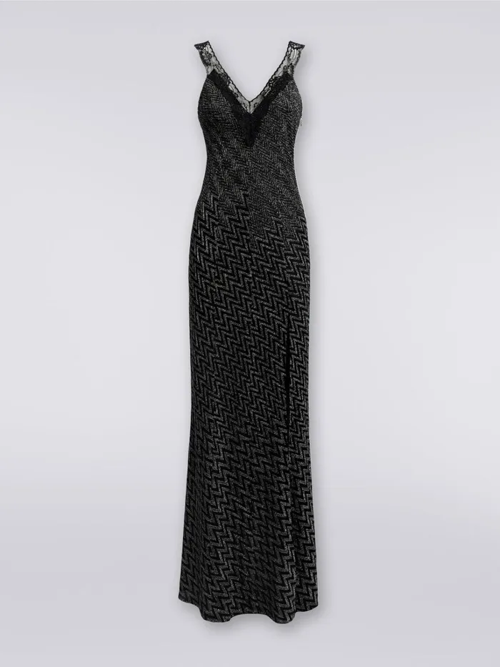 Women Long Dress Chevron With Slit And V Neckline Black Missoni Dresses