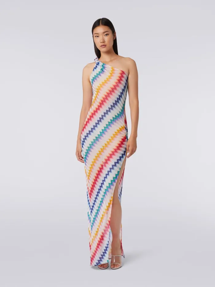 Women Long OneShoulder Cover Up With Zigzag Print Multicoloured Missoni Beachwear