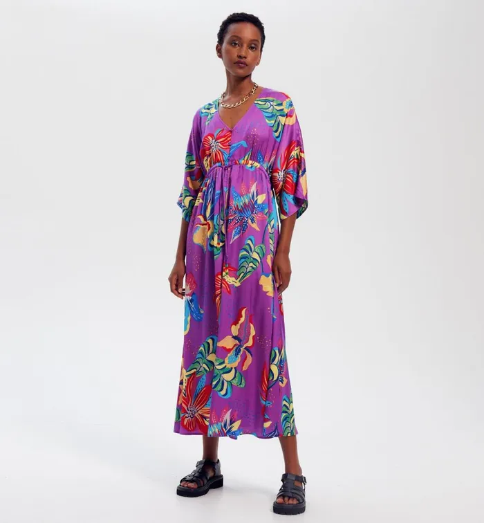 Women Long Patterned Dress 8211 Violet Print Promod Dresses