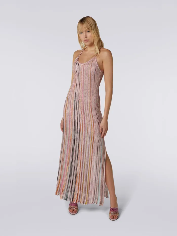 Women Long Ribbed Knit Dress With Sequins Pink and Multicoloured Missoni Dresses