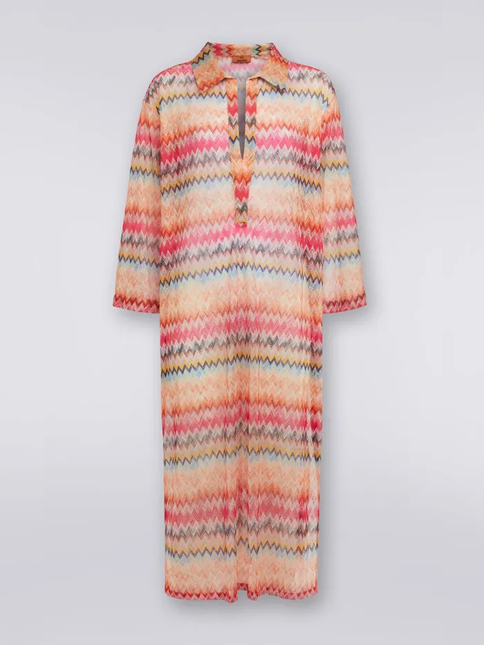 Women LongSleeved Long Chevron Viscose Tulle Cover Up Pink Missoni Beachwear