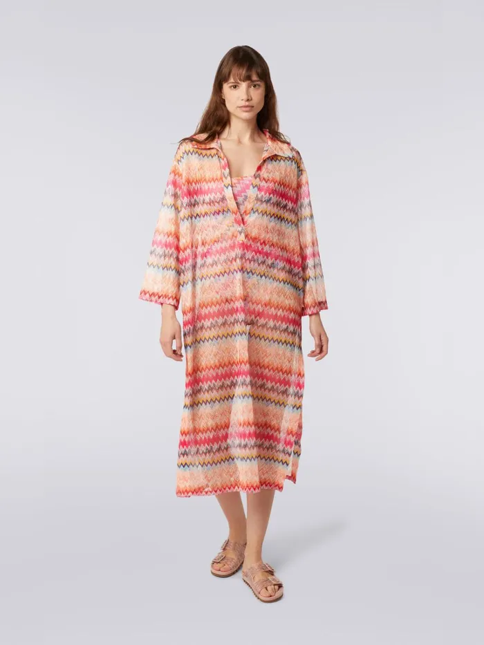 Women LongSleeved Long Chevron Viscose Tulle Cover Up Pink Missoni Beachwear Women LongSleeved Long Chevron Viscose Tulle Cover Up Pink Missoni Beachwear