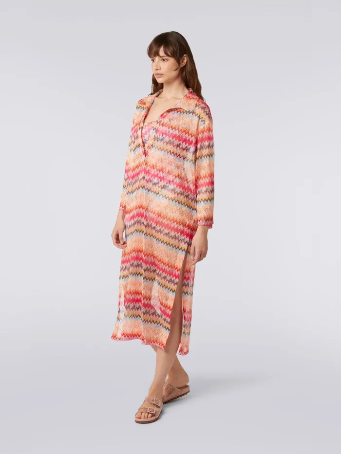 Women LongSleeved Long Chevron Viscose Tulle Cover Up Pink Missoni Beachwear Women LongSleeved Long Chevron Viscose Tulle Cover Up Pink Missoni Beachwear