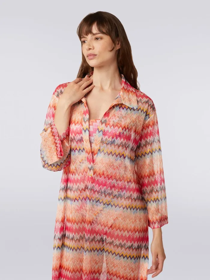 Women LongSleeved Long Chevron Viscose Tulle Cover Up Pink Missoni Beachwear Women LongSleeved Long Chevron Viscose Tulle Cover Up Pink Missoni Beachwear