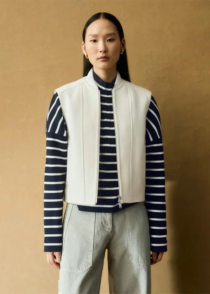 Women Luxe Wool Sleeveless Biker Jacket Ivory MEEM