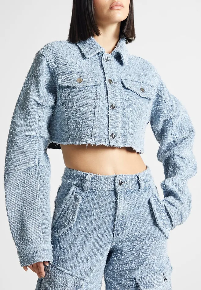 Women Manire De Voir Cropped Boucle Denim Jacket Mid Blue