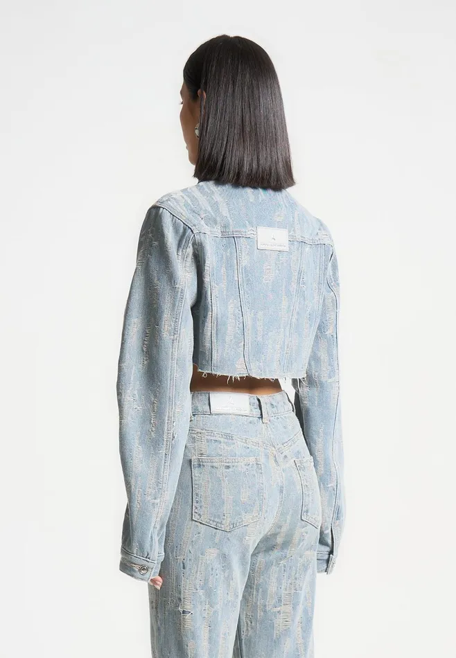 Women Manire De Voir Cropped Distressed Denim Jacket Mid Blue
