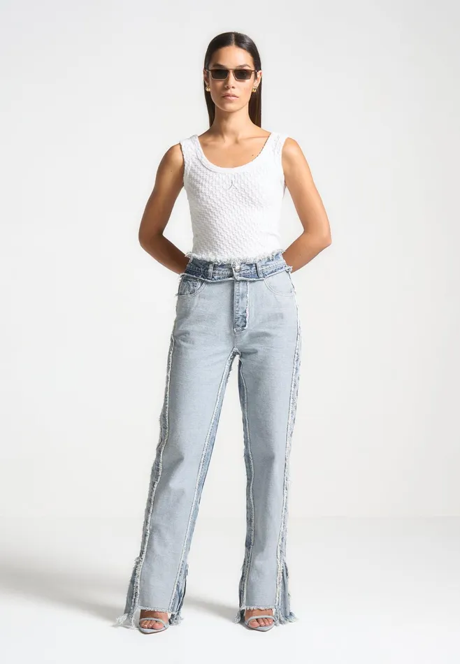 Women Manire De Voir Distressed Mom Jeans Mid Blue