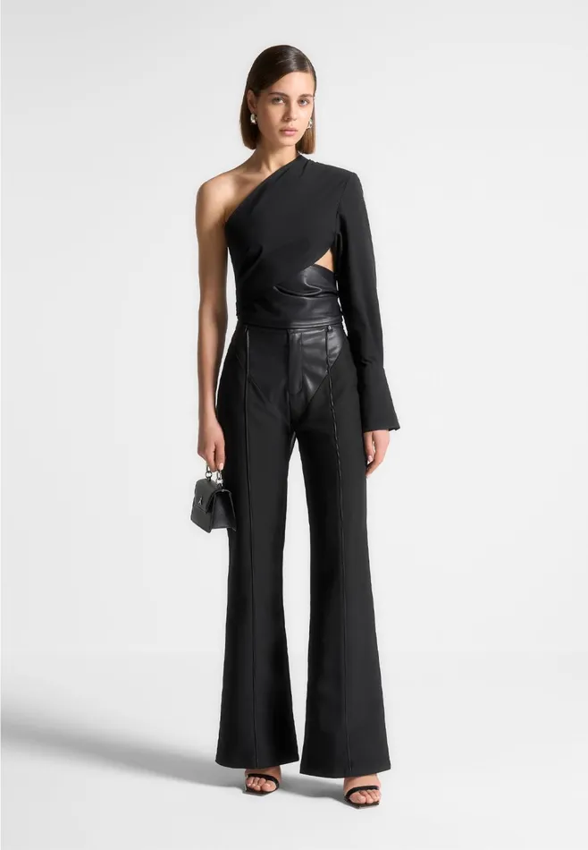 Women Manire De Voir Leather and Woven Trousers Black