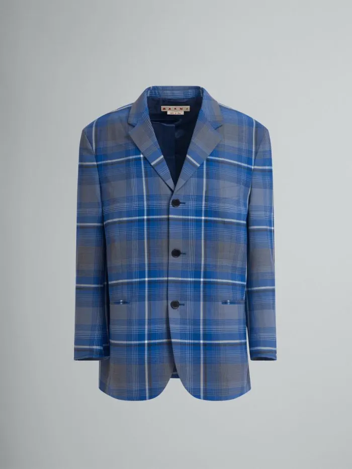 Women Marni Coats and Jackets Blue Checked Virgin Wool Oversized Jacket