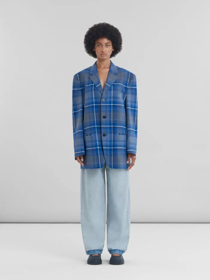 Women Marni Coats and Jackets Blue Checked Virgin Wool Oversized Jacket