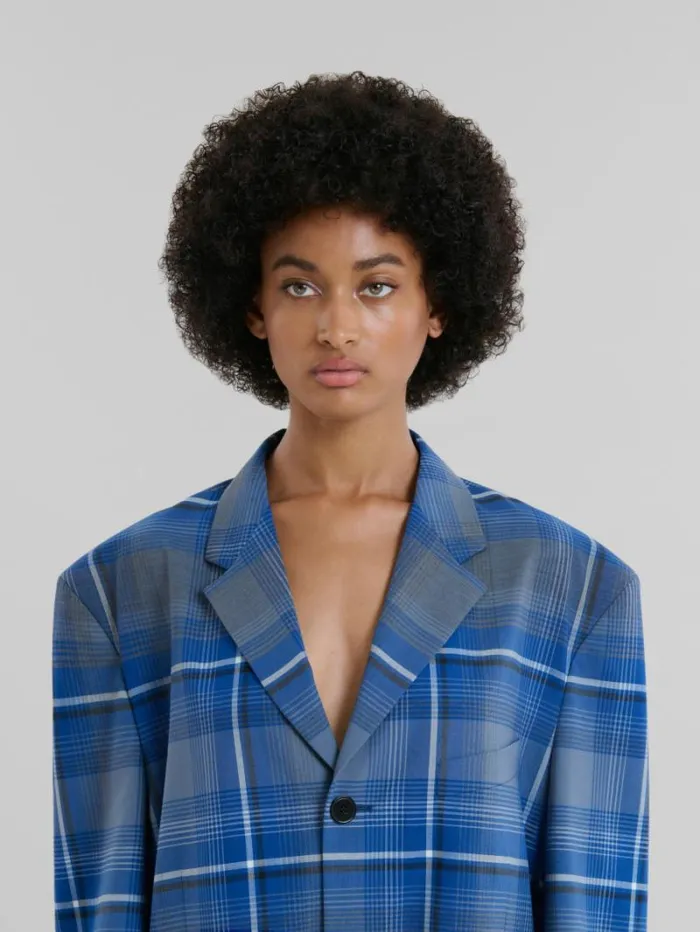 Women Marni Coats and Jackets Blue Checked Virgin Wool Oversized Jacket