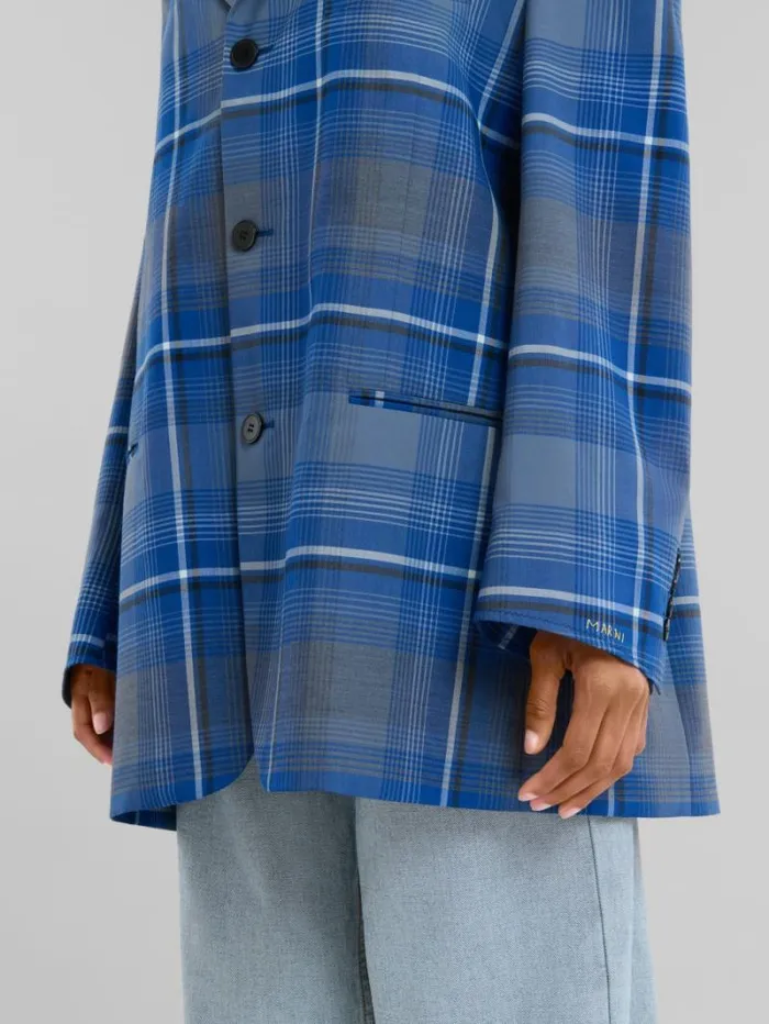 Women Marni Coats and Jackets Blue Checked Virgin Wool Oversized Jacket