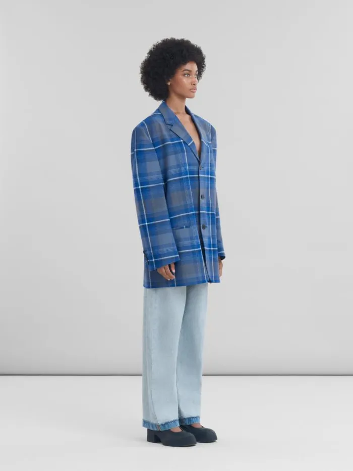 Women Marni Coats and Jackets Blue Checked Virgin Wool Oversized Jacket
