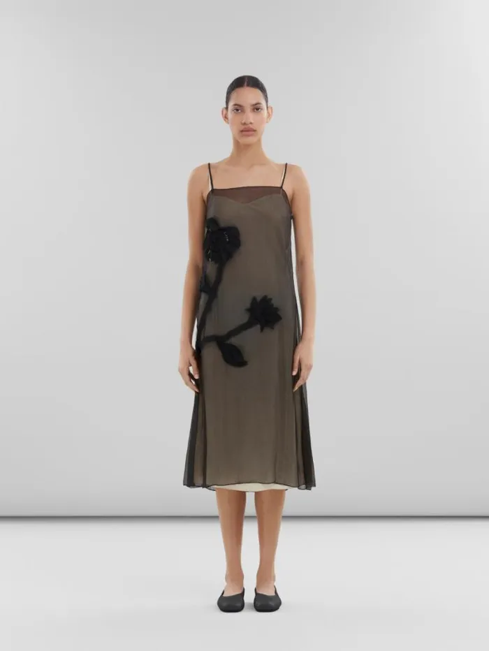 Women Marni Dresses Black Crepon Slip Dress With Flower Appliqus