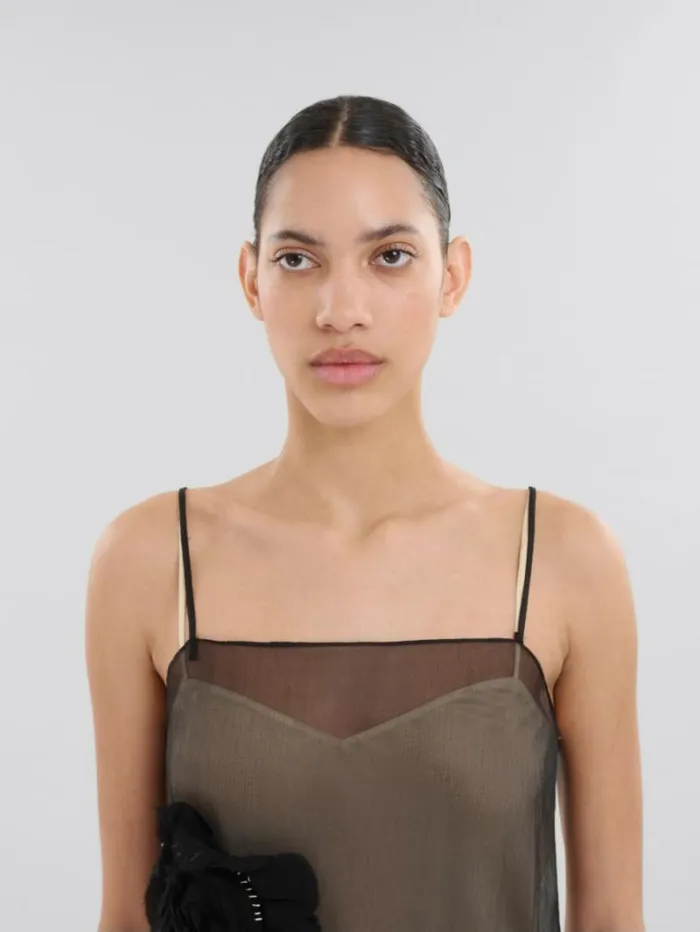 Women Marni Dresses Black Crepon Slip Dress With Flower Appliqus