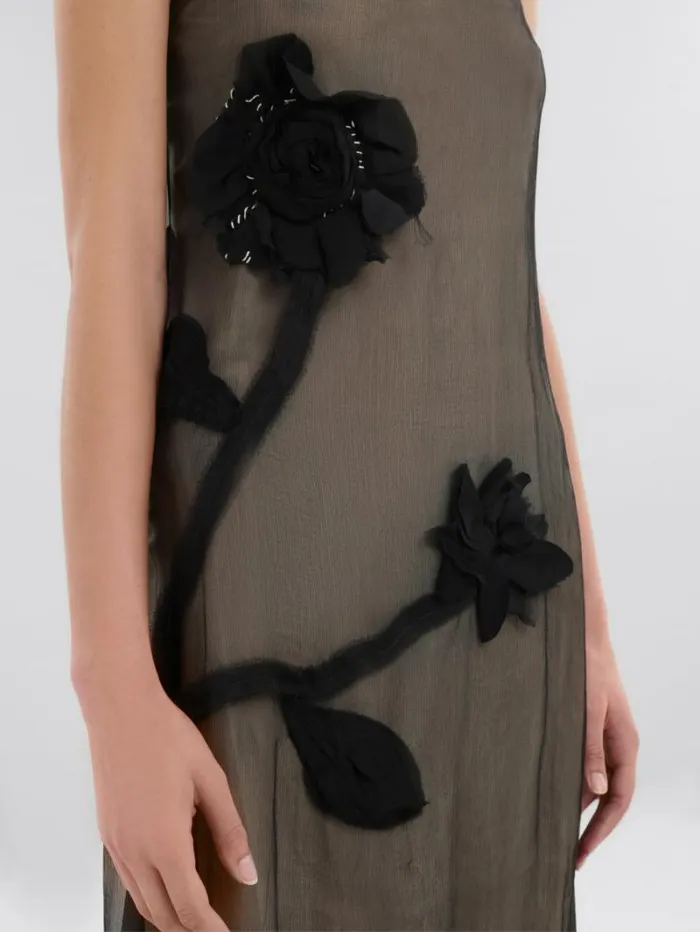 Women Marni Dresses Black Crepon Slip Dress With Flower Appliqus