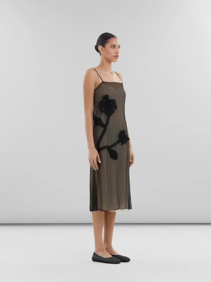 Women Marni Dresses Black Crepon Slip Dress With Flower Appliqus