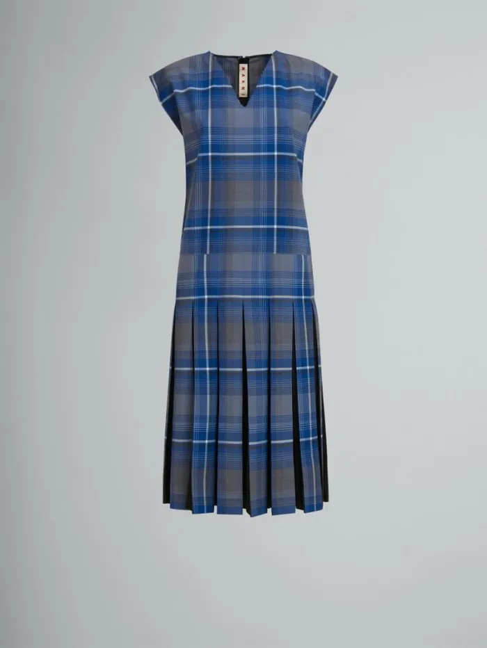 Women Marni Dresses Blue Checked Wool Blend Dress With Contrast Pleats