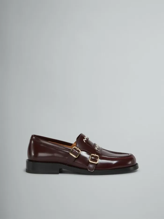 Women Marni Flats Burgundy Leather Bambi 30 Loafer With Double Buckle