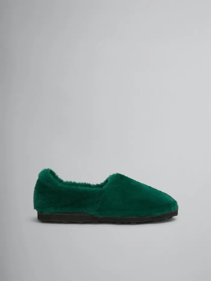 Women Marni Flats Green SlipOn Loafer In Faux Fur