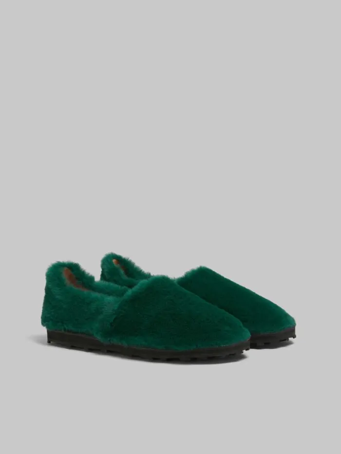Women Marni Flats Green SlipOn Loafer In Faux Fur