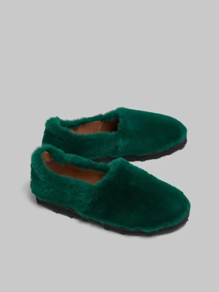 Women Marni Flats Green SlipOn Loafer In Faux Fur