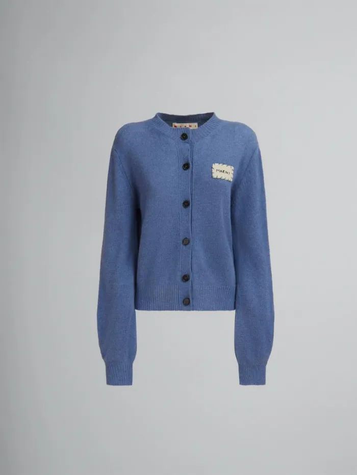 Women Marni Knitwear Blue Cashmere Cardigan With Marni Patch