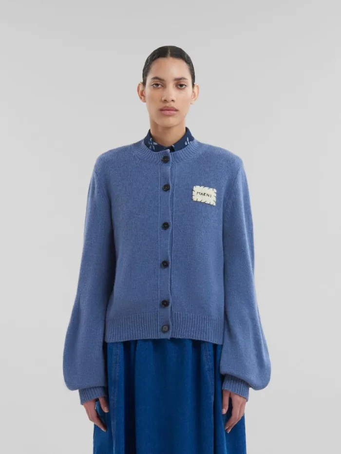 Women Marni Knitwear Blue Cashmere Cardigan With Marni Patch