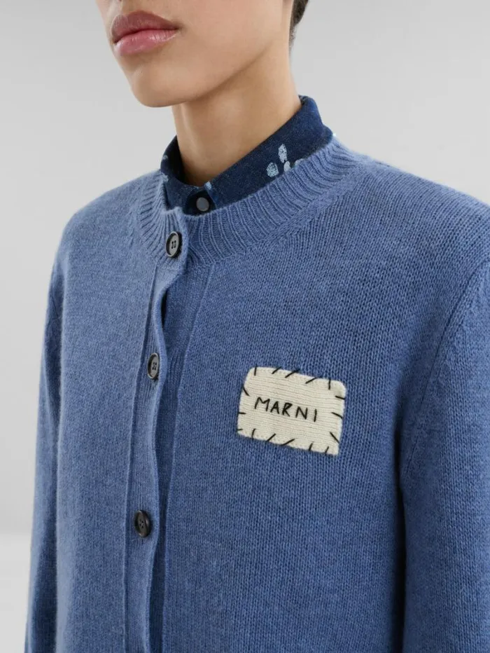 Women Marni Knitwear Blue Cashmere Cardigan With Marni Patch