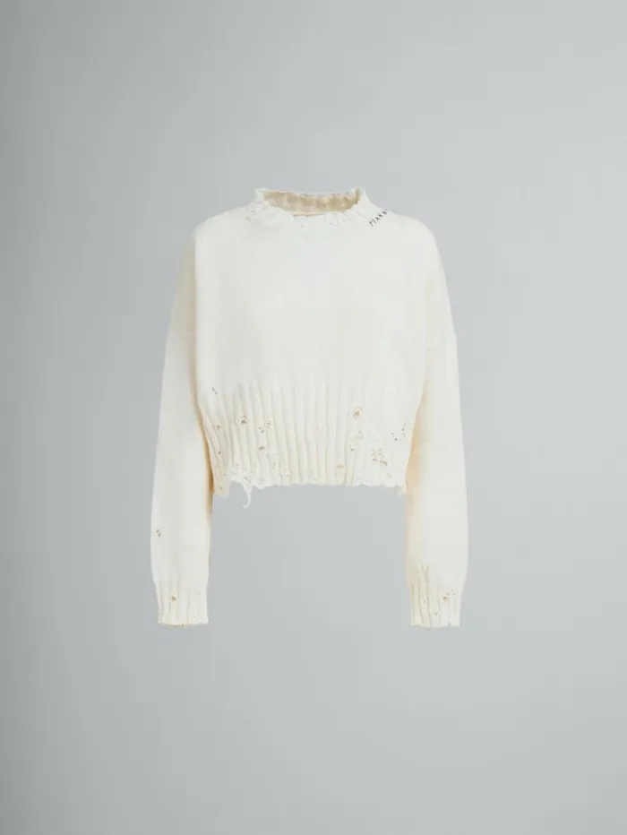 Women Marni Knitwear White Dishevelled Cotton Cropped Jumper